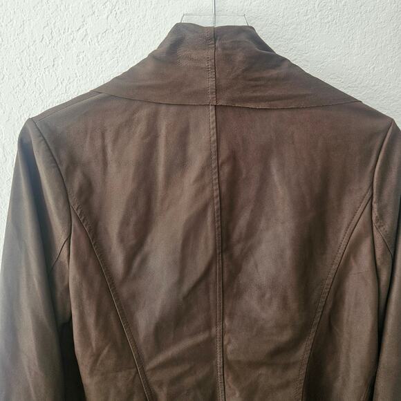 Neiman Marcus Brown Leather Open From Cascade Ruffle Zippered Sleeves Sz Small - Picture 7 of 9